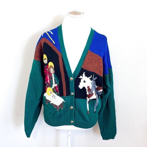 Vintage Sharon Young Womens Christmas Cardigan Sweater Size L‎ Holiday Nativity